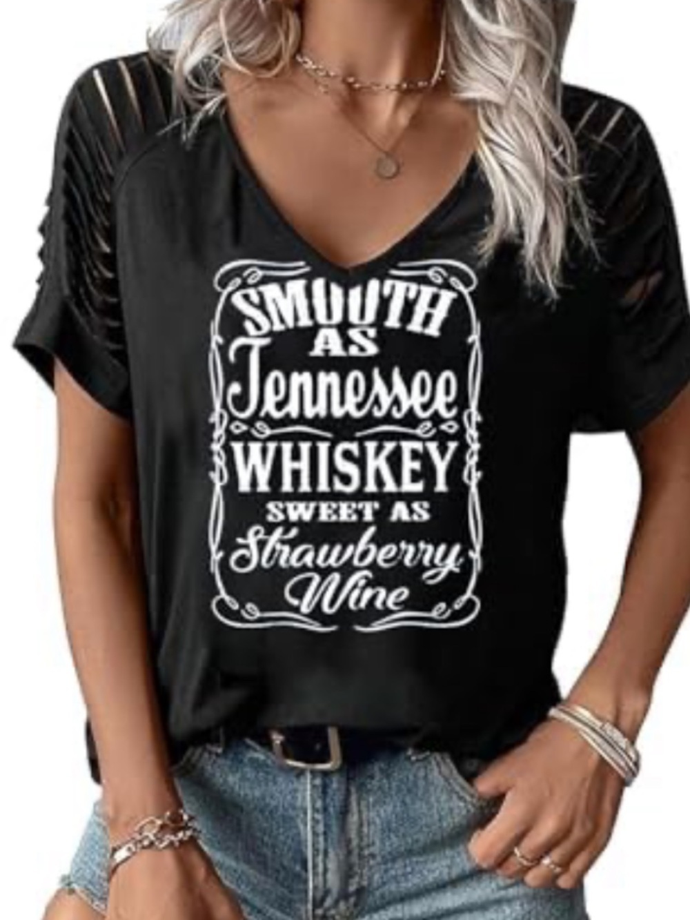 Cowgirl Tennessee Whiskey Black Graphic V-Neck Tee, cut sleeves, M